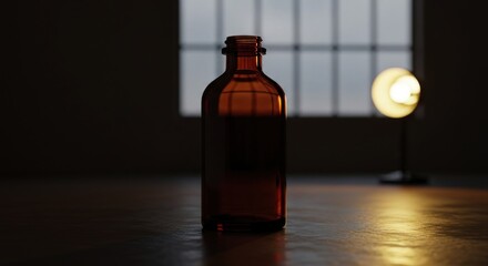Empty amber glass container sits on a wooden surface with soft  lighting in the background