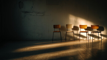Four modern chairs in empty room with dramatic lighting effects
