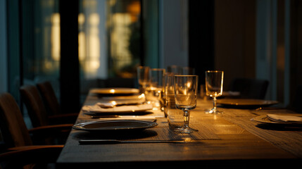 Elegant dinner table setting with wine glasses and plates in warm lighting