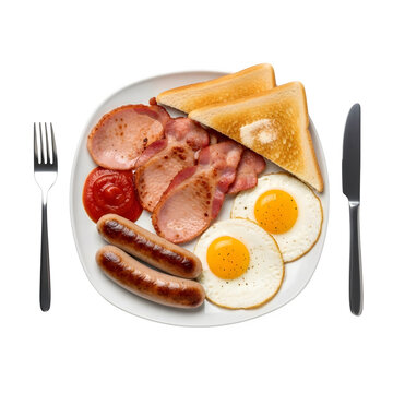 A full english breakfast with sausages bacon eggs toast and tomato sauce on a white plate top view, isolated on white or transparent background, PNG Format.