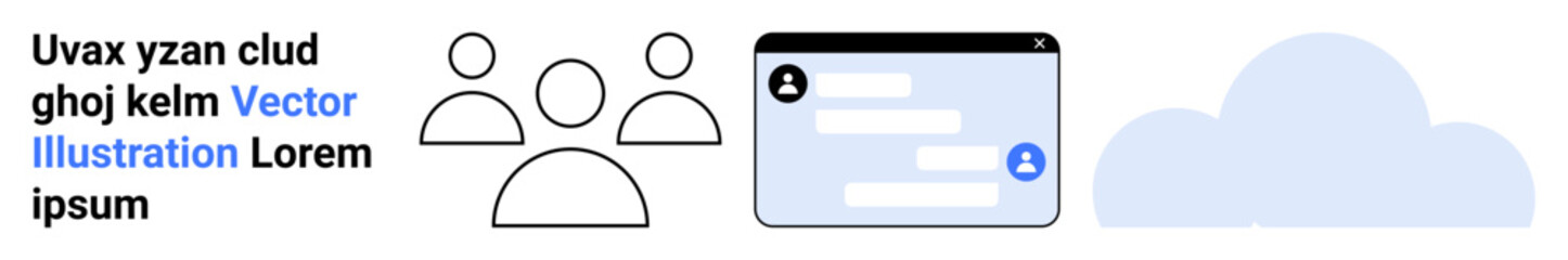 Fototapeta premium Cloud technology, teamwork, remote work, data sharing, networking, communication. A group of user icons, messaging interface and cloud symbol. Cloud technology and teamwork concept