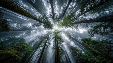 Towering ancient redwood trees reaching towards the sky in a misty forest