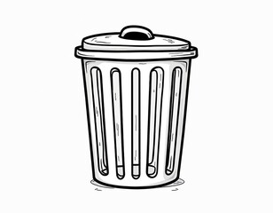 Simple black and white drawing of rubbish can with lid on white background. Container for waste disposal. Object for cleaning and recycling concepts.