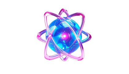 Glowing, geometric atom with orbiting rings, against a dark void