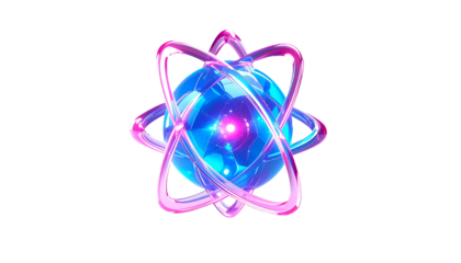 Glowing, geometric atom with orbiting rings, against a dark void