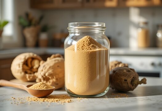 Nutrient-rich maca powder in a glass jar with roots and a spoon on a kitchen counter. baobab powder 