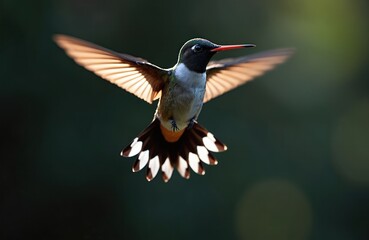 Obraz premium Ruby-throated hummingbird hovers in air. Small bird has black head, white throat, green back, red beak. Wings blurred motion, tail feathers fan out.