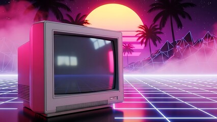 A vintage television set on a grid surface with palm trees and a vibrant neon-lit background at sunset
