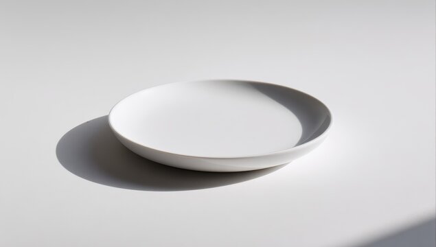 Vibrant photo of Side view of an empty white round plate isolated on white background