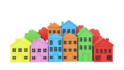 Colorful Toy Houses and Trees on White Background
