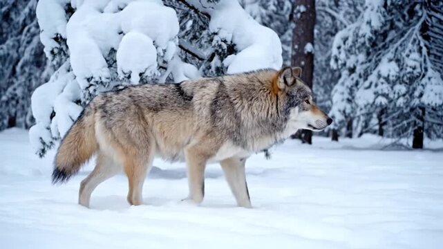A gray wolf walks through snowy woods with trees covered in snow