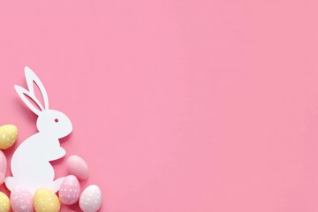 A simple white bunny silhouette sits beside pastel dotted eggs on a soft pink backdrop, creating a playful and modern Easter layout perfect for greeting cards and social media.