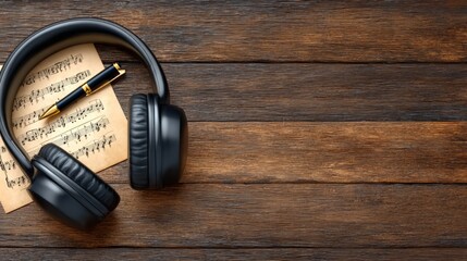 Overhead view of sleek headphones resting on vintage sheet music with a pen on textured wood, perfect for illustrating songwriting, audio production, or creative music concepts.