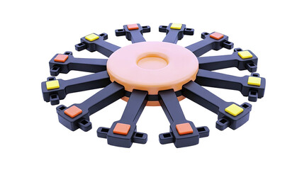 Circular device with multiple arms and colored buttons