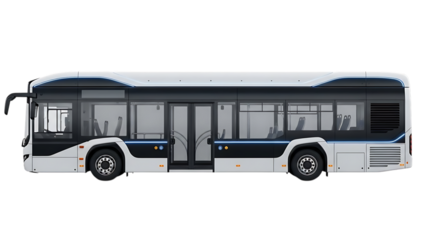 A modern bus with a sleek design and blue accents on a black background