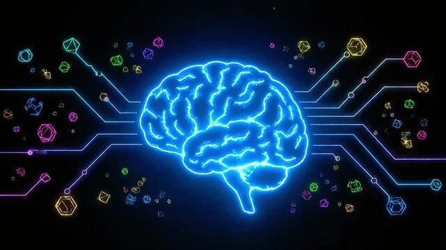 Artificial Intelligence Brain with Digital Circuit Lines Connecting to Geometric Data Shapes