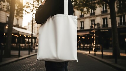 A person holding a white tote bag on a cobblestone street in a European city with historic buildings