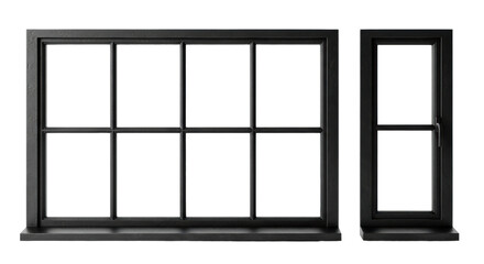 two adjacent matte charcoal black, rustic steel window frames, traditional casement style, isolated against brilliant white studio cyclorama for maximum copy space. architectural industrial design