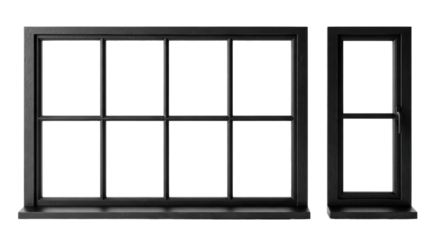 two adjacent matte charcoal black, rustic steel window frames, traditional casement style, isolated against brilliant white studio cyclorama for maximum copy space. architectural industrial design