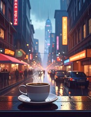 Rainy city scene with a steaming cup of coffee on a wooden table