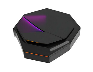 Angled black tech device with lit geometric accents against black