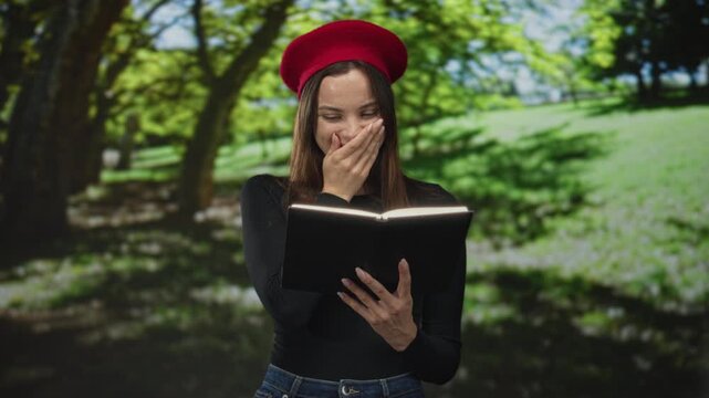 Woman reading a book, smiling with hand to mouth and hands holding pages, wearing red beret and jeans in forest; bookish joy.