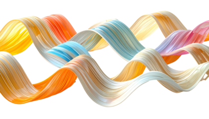 Wavy ribbons of color swirl against a dark background, elegant and flowing