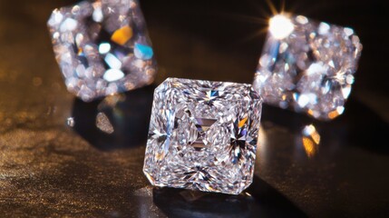 Radiant, flawless diamonds on dark background