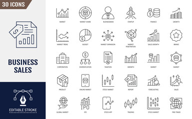 Business sales icon set. Sales, market, commerce, money, finance, profit and more. Editable stroke. Vector illustration