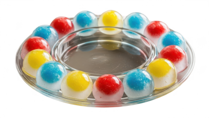 Glass plate with a bunch of colorful jelly balls on it. isolated illustration on transparent background