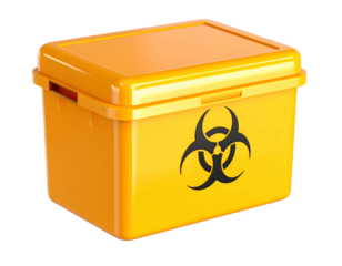 Yellow box with biohazard symbol, lid closed, on black background