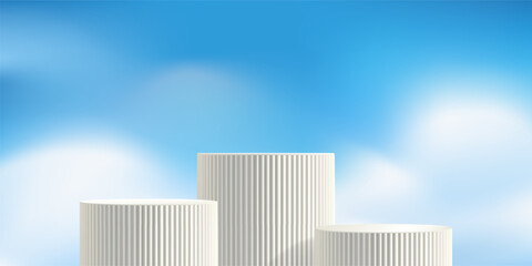 Obraz premium White poduim on sky bg, product platform in blue cloud. Cosmetic display summer stand, Spring nature banner. Minimal stage mockup, abstract vector pastel backdrop. Light soft presentation, step scene