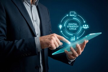 Businessman using tablet with digital strategy cycle hologram interface on dark background