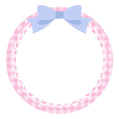 リボンがついたかわいいレースフレームのベクターイラスト。飾り、ギンガムチェック、ピンク