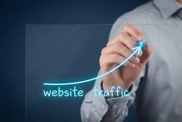 Businessman drawing rising arrow graph over website traffic text for marketing growth concept