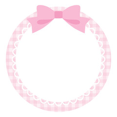 リボンがついたかわいいレースフレームのベクターイラスト。飾り、ギンガムチェック、ピンク