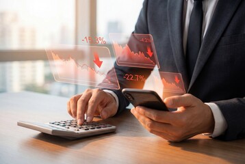Businessman analyzing financial loss on calculator and phone with red graphs showing market crash