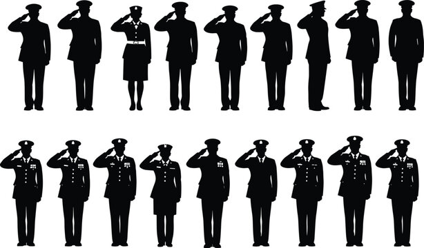 Set of eighteen black military soldier silhouettes in uniform saluting including men and women isolated on a white background background