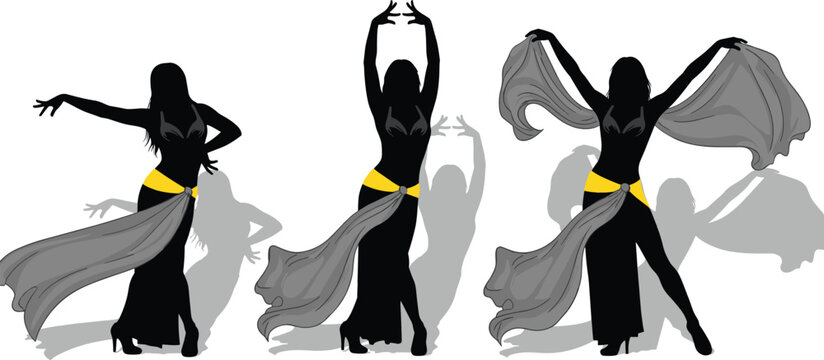 Set of elegant belly dancer silhouettes in graceful traditional poses with veils, middle eastern dance performers, isolated on white background,