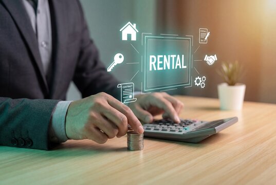 Businessman using calculator and stacking coins with digital rental interface hologram - Powered by Adobe