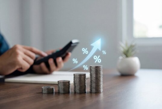 Stacks of coins with rising arrow and percentage signs showing financial growth and interest rates