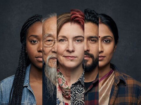 Vertical strips of diverse human faces combining different races and ages into one portrait