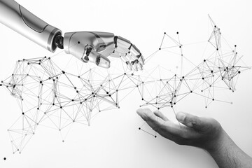 Robot arm and human hand touching through digital network mesh on white background,Monochromestyle.,Artificial Intelligence, machine learning, and future technology collaboration concept.