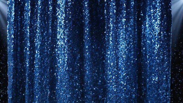 A blue sequined curtain is lit by stage lights, sparkling against a dark background