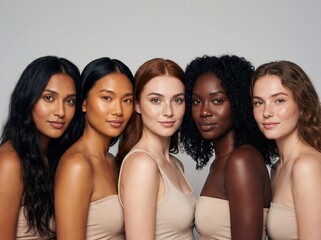 Obraz premium Five multiracial female fashion models posing in neutral attire against a gray background