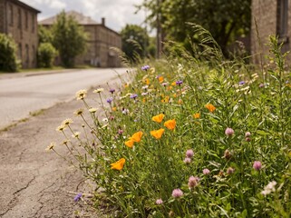 Vibrant orange poppies and purple clover growing along an urban roadside pavement in summer