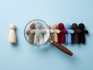 Wooden leader figure selecting gray knitted doll from diverse row using magnifying glass on blue