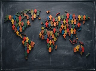 Wooden human figures placed on world map continents symbolizing global population and diversity