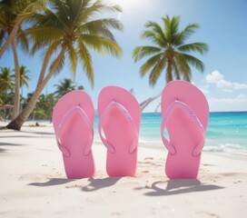 Fototapeta premium Sunny day beach scene with pink flip flops on white sand near blue ocean and palm trees, pink, flipflops