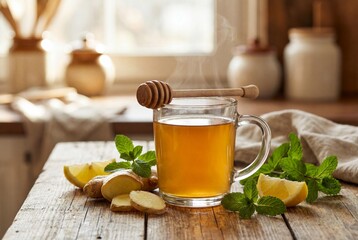 Steaming ginger tea in a clear glass cup with lemon and mint on a wooden table